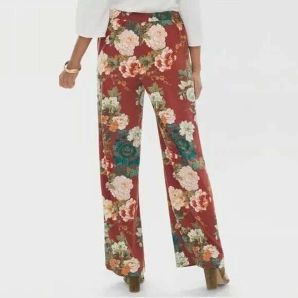 Chico's Floral Print Pullon Palazzo Flared wide Pants High Rise Brown office 12P